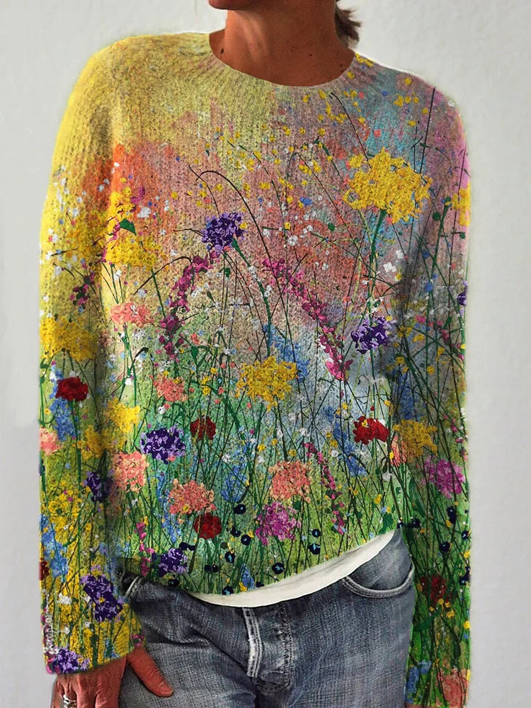 Maglione accogliente con arte di pittura a olio di fiori